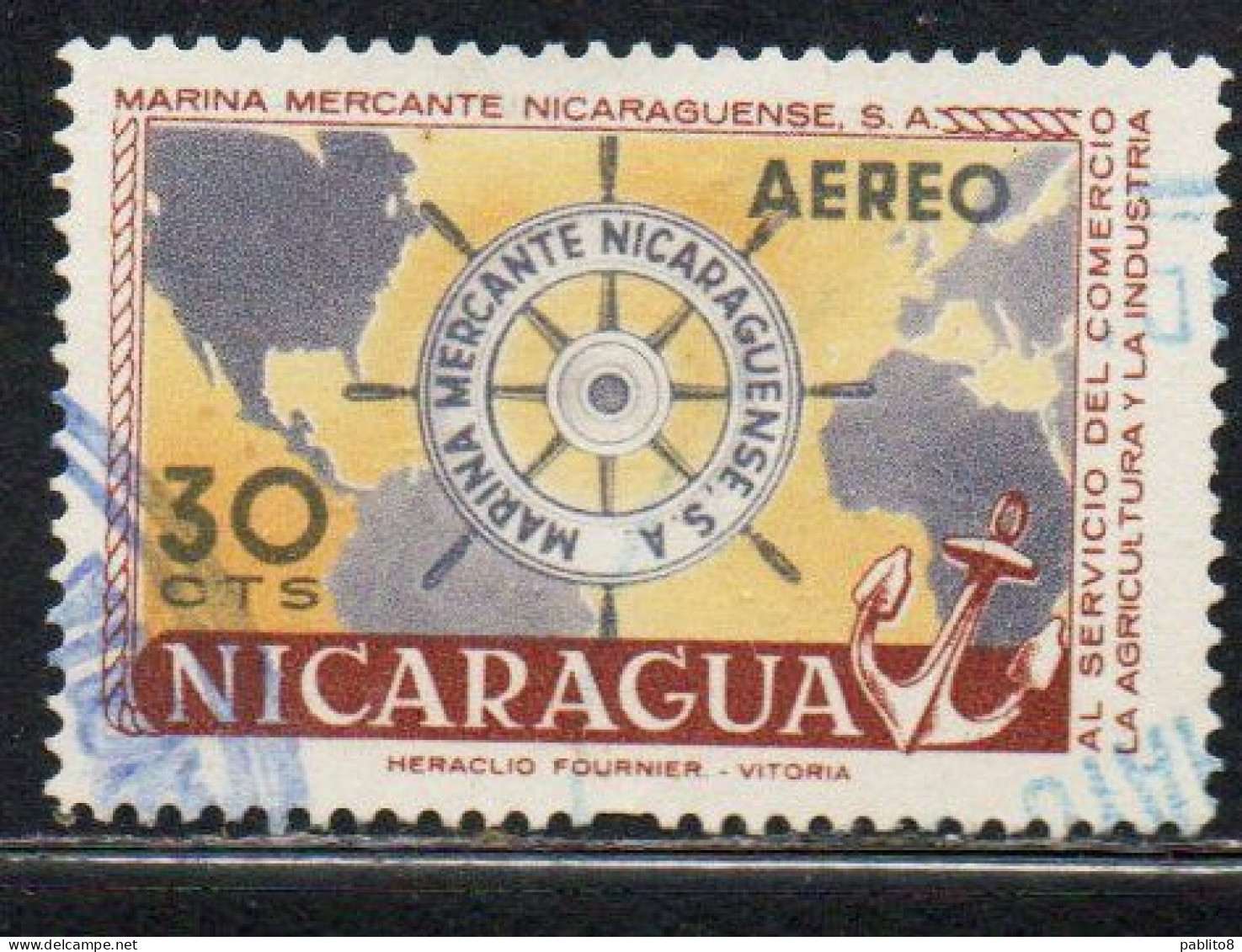 NICARAGUA 1957 AIR POST MAIL AIRMAIL MERCHANT MARINE MARINA MERCANTE SHIP'S WHEEL AND MAP 30c USED USATO OBLITERE' - Nicaragua