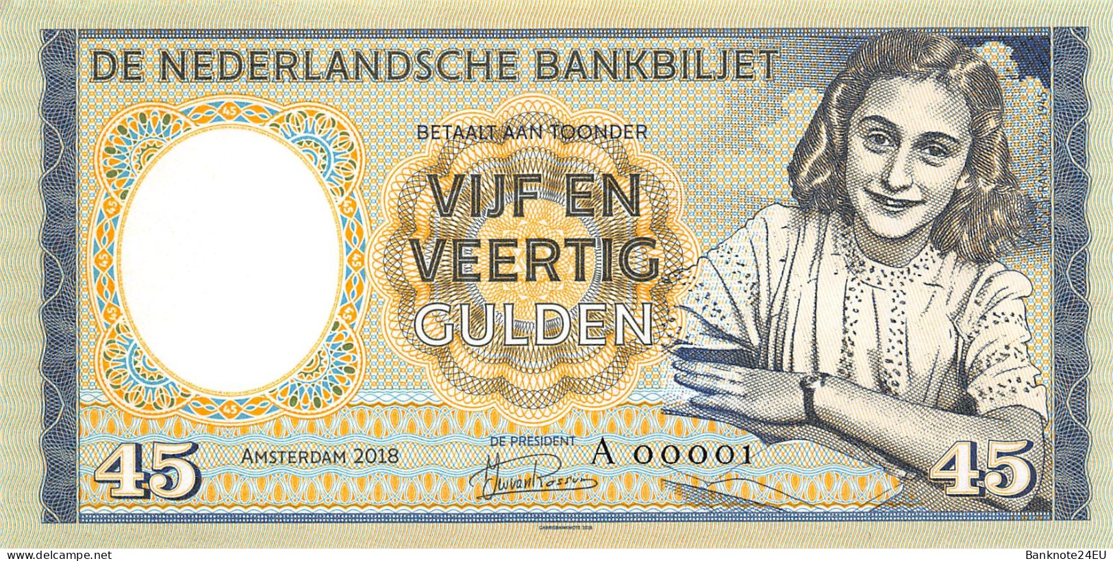 Netherlands 45 Gulden 2018 Anne Frank Prefix A Unc Specimen - Fiktive & Specimen