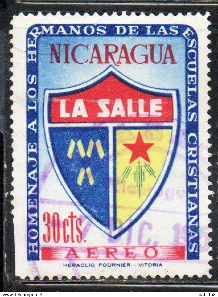 NICARAGUA 1957 AIR POST MAIL AIRMAIL ST JEAN BAPTISTE DE LA SALLE ARMS ARMOIRIES 30c USED USATO OBLITERE' - Nicaragua