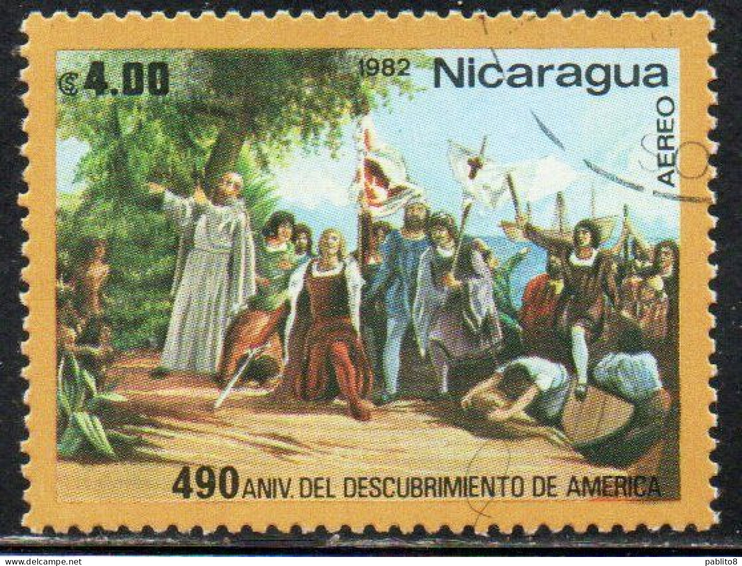 NICARAGUA 1982 AIR POST MAIL AIRMAIL DISCOVERY OF AMERICA LANDING OF COLUMBUS 4.00cor USED USATO OBLITERE' - Nicaragua