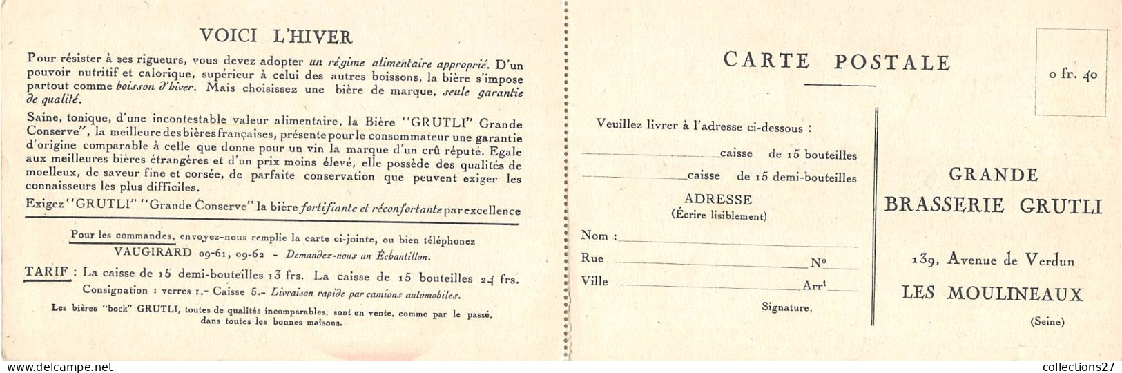 BIERE CRUTLI- CARTE PUB- EN HIVER ADOPTEZ UNE BOISSON FORTIFIANTE BUVER DE LA BIERRE - DOUBLE CARTE BRASSERIE ISSY LES M - Werbepostkarten