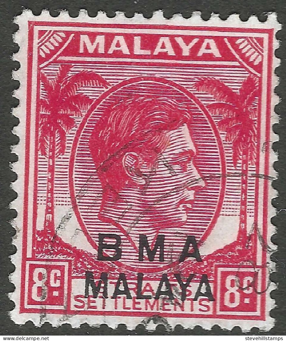 Malaya (British Military Administration). 1945-48 KGVI BMA Overprint. 8c Used. SG 7 - Malaya (British Military Administration)