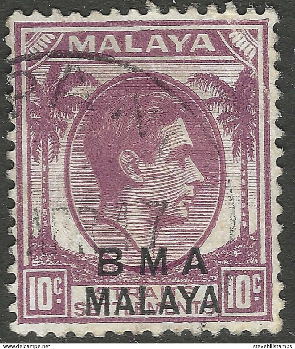 Malaya (British Military Administration). 1945-48 KGVI BMA Overprint. 10c Used. SG 8a - Malaya (British Military Administration)