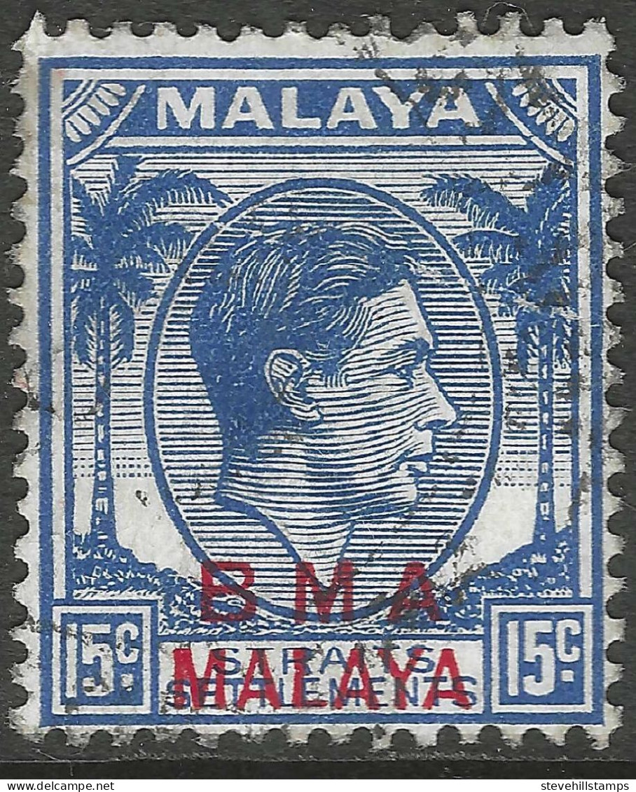 Malaya (British Military Administration). 1945-48 KGVI BMA Overprint. 15c Used. SG 12a - Malaya (British Military Administration)