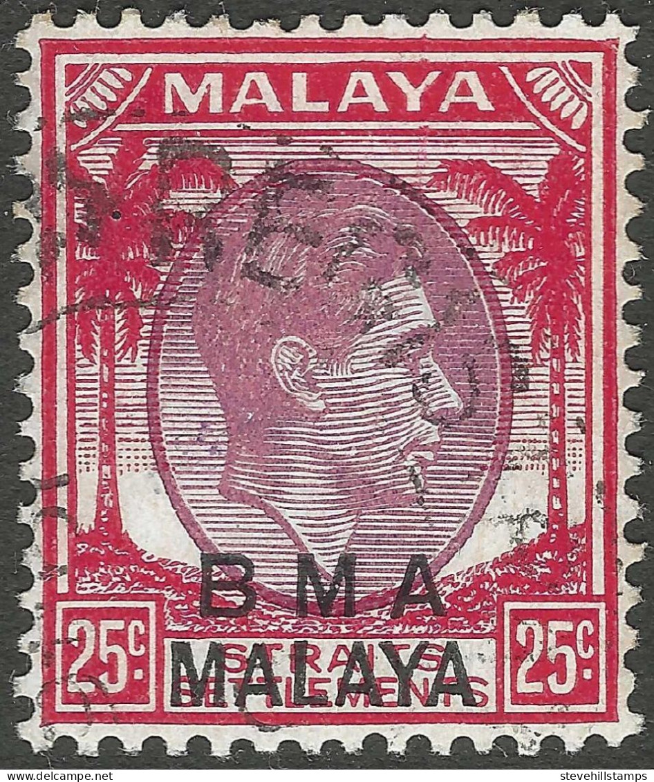 Malaya (British Military Administration). 1945-48 KGVI BMA Overprint. 25c Used. SG 13a - Malaya (British Military Administration)