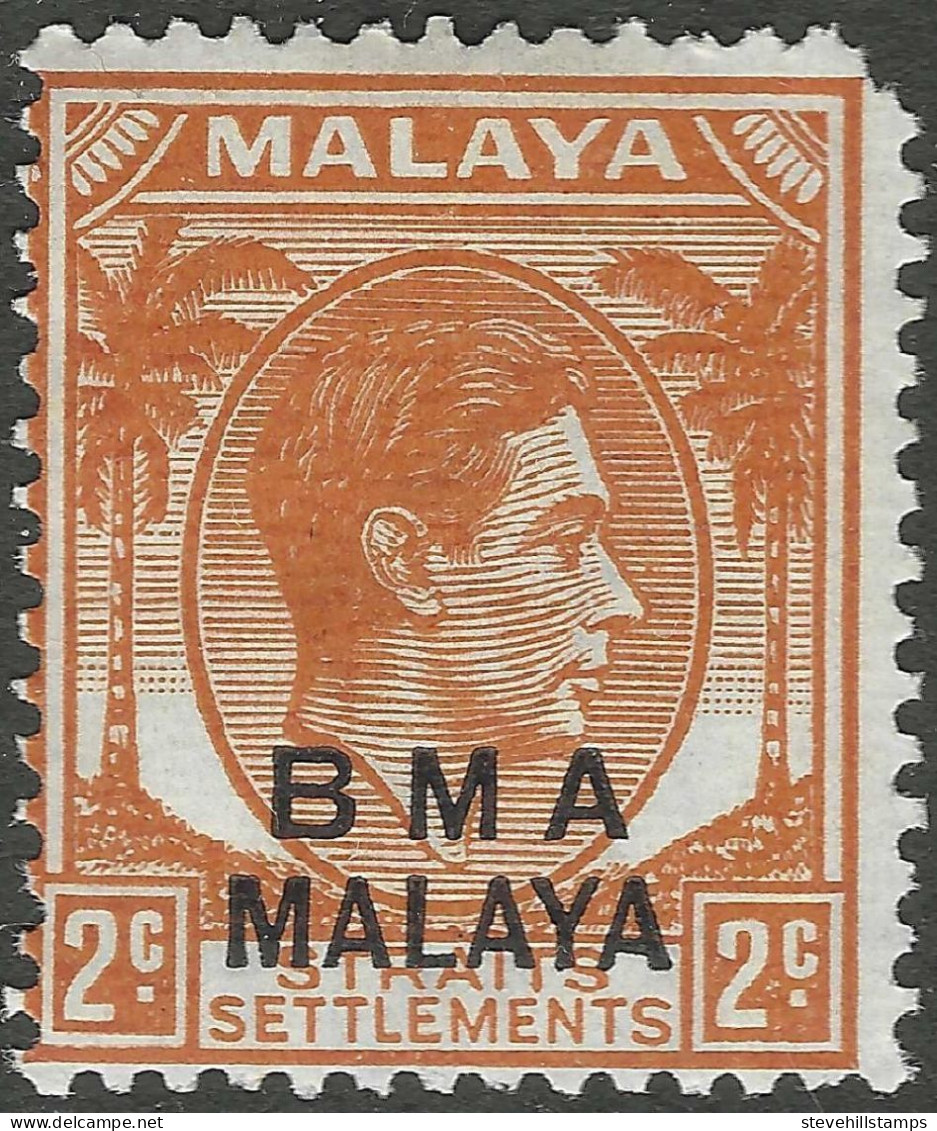 Malaya (British Military Administration). 1945-48 KGVI BMA Overprint. 2c MH. SG 2a - Malaya (British Military Administration)