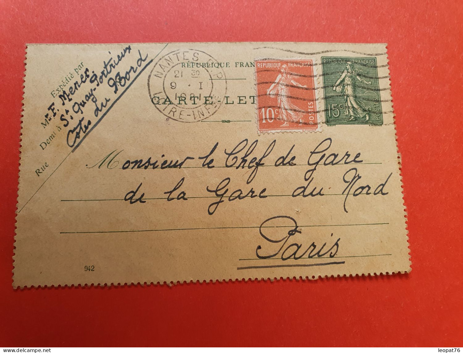 Entier Postal ( Carte Lettre ) Type Semeuse + Complément De Nantes Pour Paris En 1921 - Réf 251 - Cartes-lettres