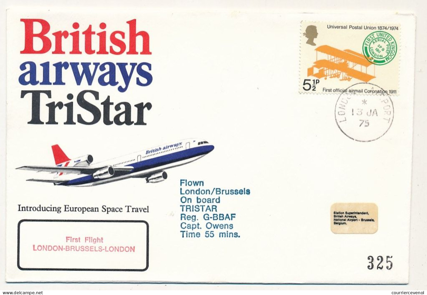 GRANDE BRETAGNE - Env. First Flight LONDON - BRUSSELS - LONDON / British Airways Tristar - Londres 13 Janv. 1975 - Storia Postale