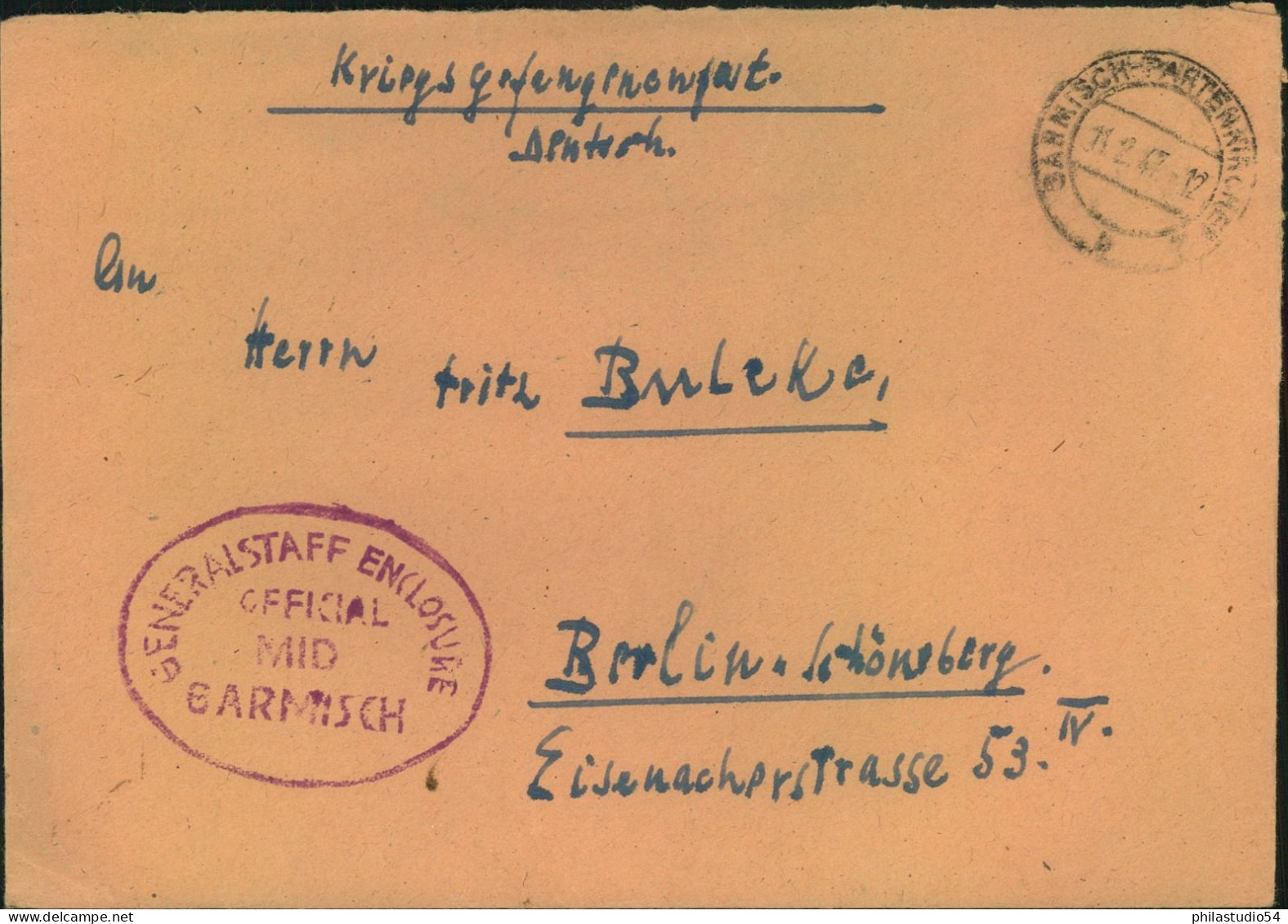 1947, Kriegsgefangenenbrief Aus GARMISCH-PARTENKIRCHEN Mit Nebenstempel "GENERAL ENCLUSRE OFFICIAL MAIL GARMISCH" - Autres & Non Classés