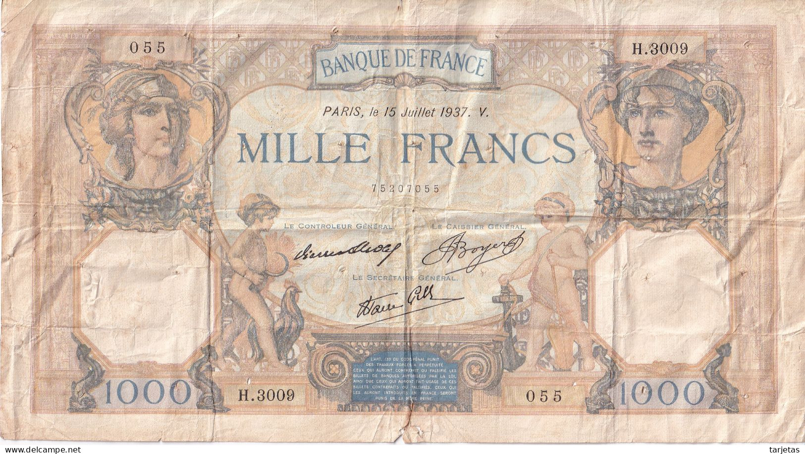 BILLETE DE FRANCIA DE 1000 FRANCS DEL 15-7-1937 (BANKNOTE) - 1 000 F 1927-1940 ''Cérès Et Mercure''