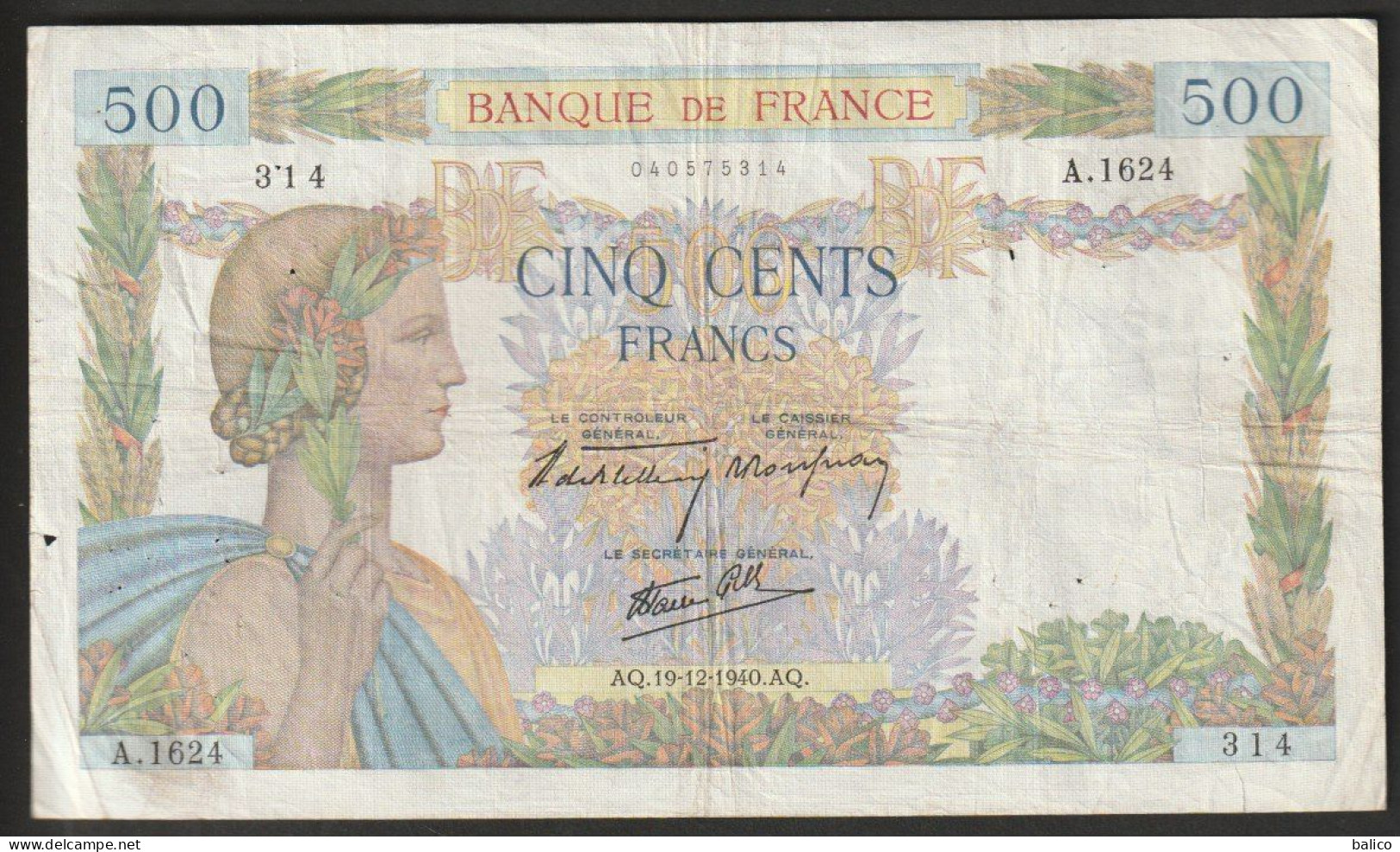 Billet 500 Francs, La Paix   19-12-1940 France  - N°  A.1624  314 - 500 F 1940-1944 ''La Paix''