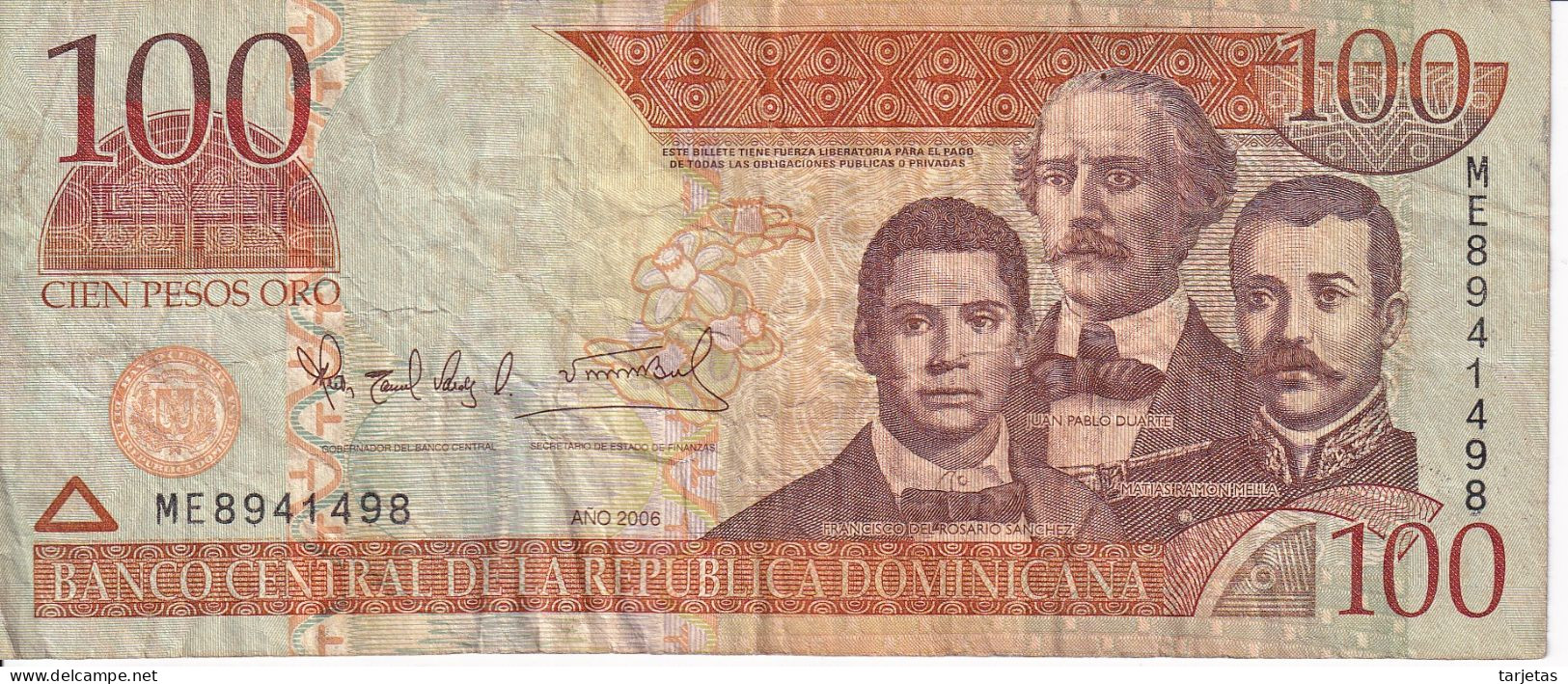 ¡CAPICUA! BILLETE DE REP. DOMINICANA DE 100 PESOS ORO DEL AÑO 2006 Nº 8941498 (BANKNOTE) - Dominicana