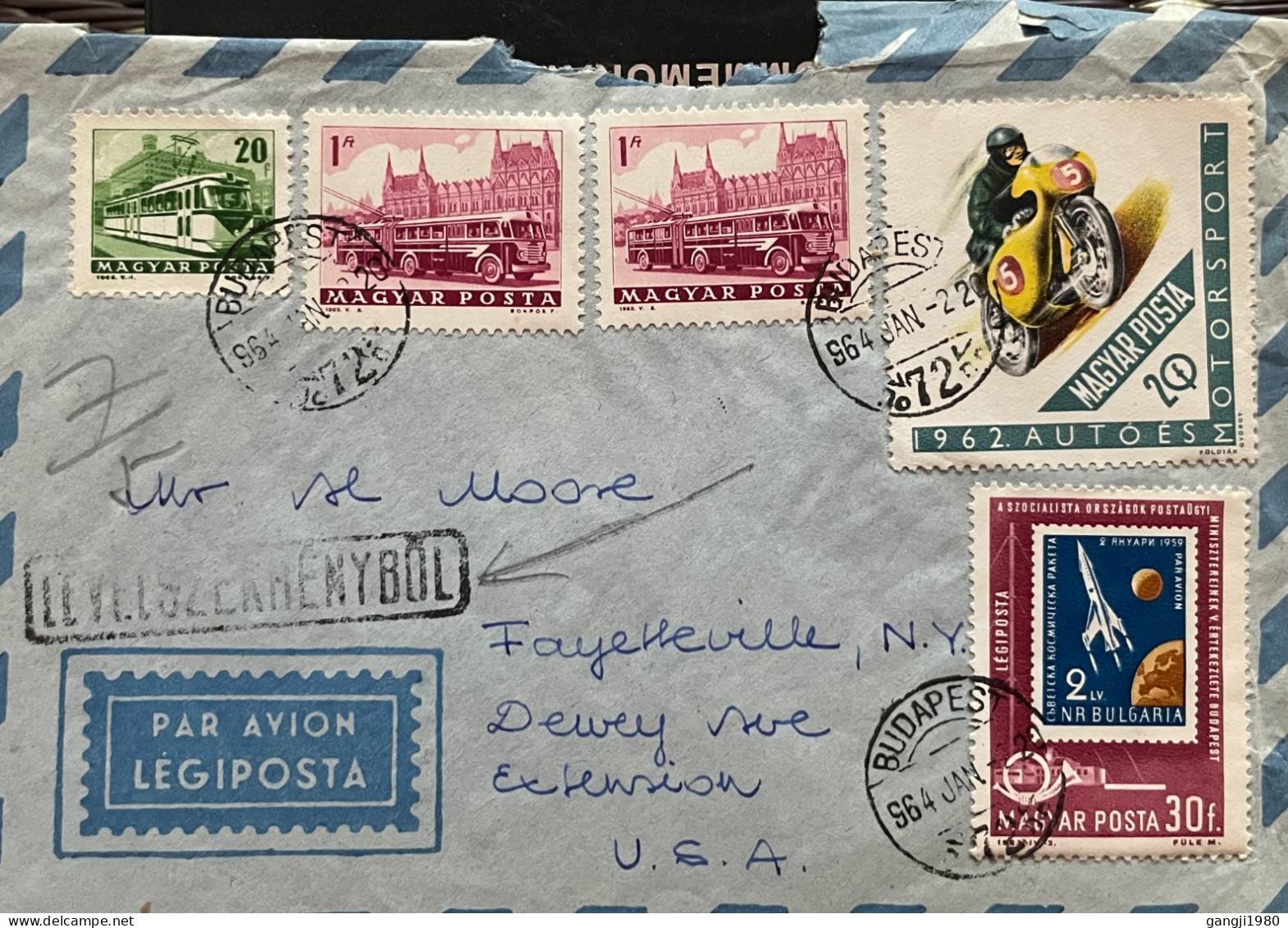 HUNGARY 1964, COVER USED TO USA, 7 STAMP, BUS, BUILDING, ROCKET, MOTOR CYCLE, BUDAPEST CITY CANCEL + ONLY RING SPECIMEN - Lettres & Documents