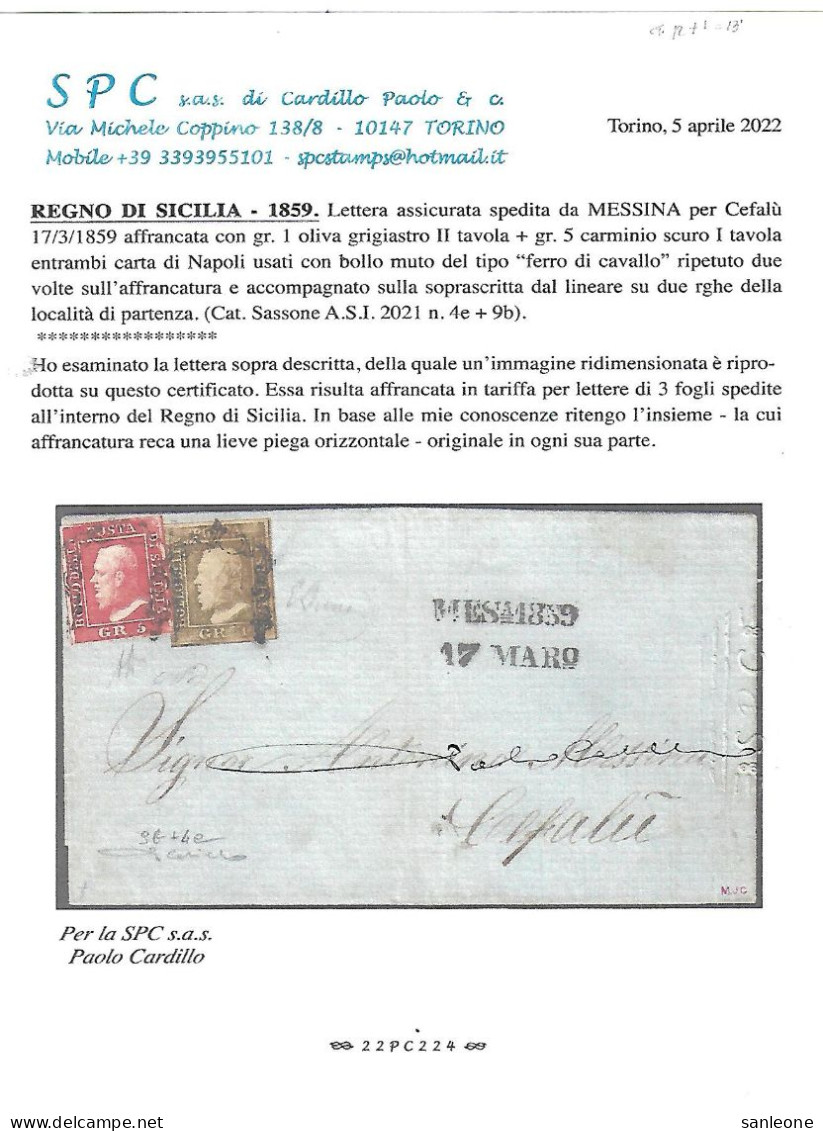 Sicilia Regno: Lettera   Affrancata Con 5 + 1 Grano Da Messina A Cefalù Certificato Di Garanzia  Da Leggere . - Sicily