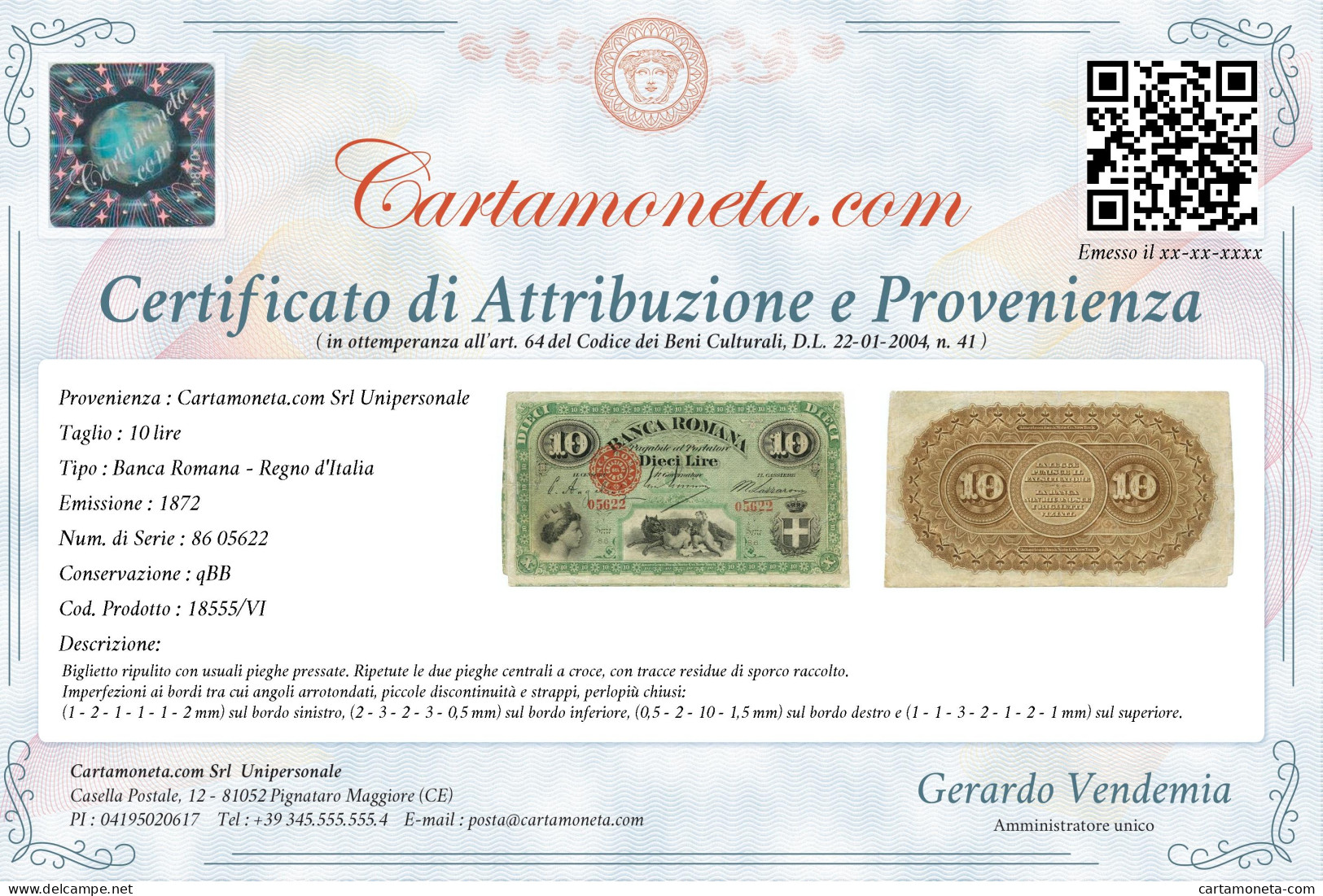 10 LIRE BANCA ROMANA REGNO D'ITALIA 1872 QBB - Other & Unclassified