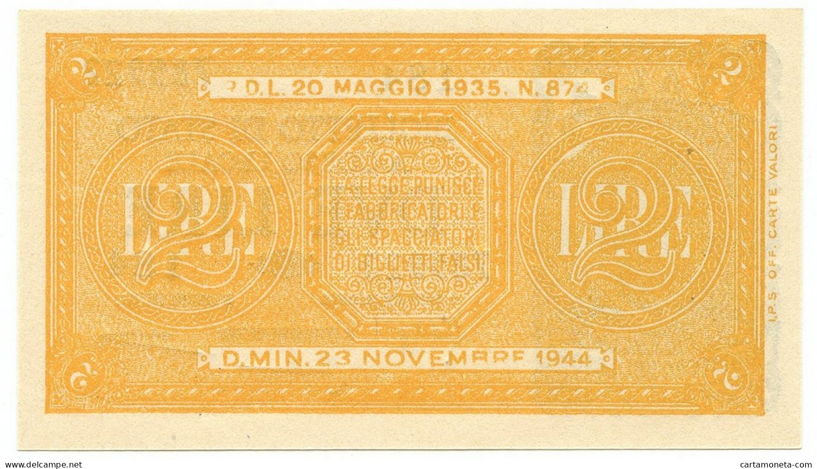 2 LIRE BIGLIETTO DI STATO LUOGOTENENZA UMBERTO VENTURA 23/11/1944 FDS - Regno D'Italia – Autres