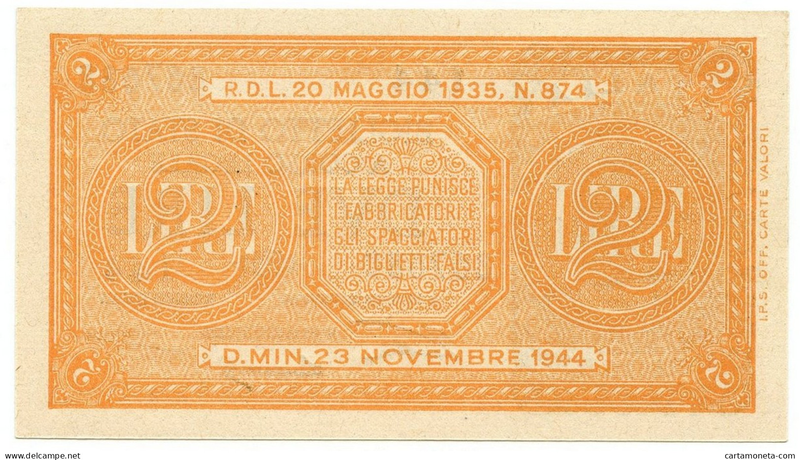 2 LIRE BIGLIETTO DI STATO LUOGOTENENZA UMBERTO VENTURA 23/11/1944 FDS - Regno D'Italia – Autres