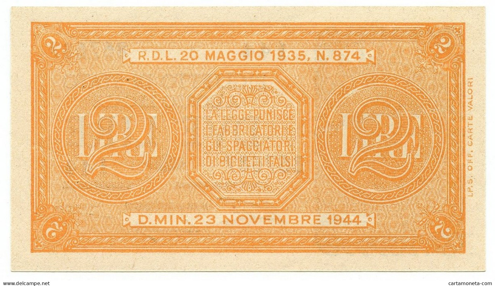 2 LIRE BIGLIETTO DI STATO LUOGOTENENZA UMBERTO VENTURA 23/11/1944 FDS - Andere