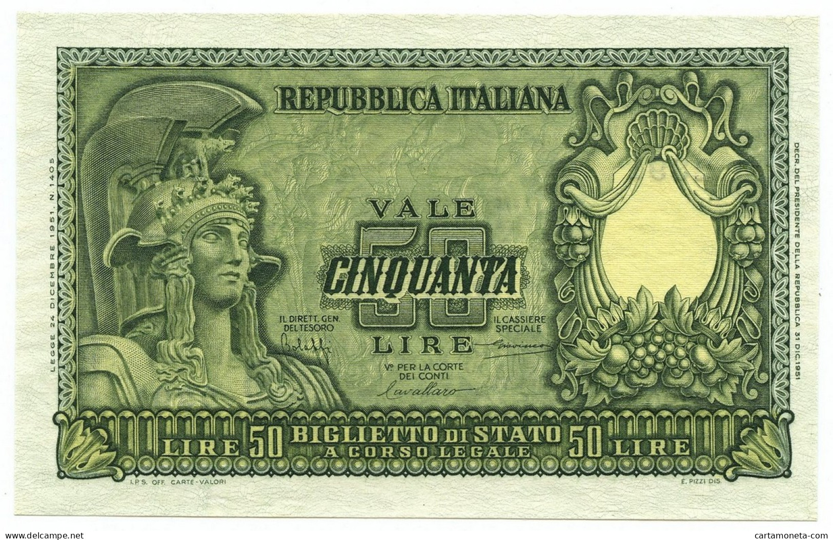 50 LIRE BIGLIETTO DI STATO ITALIA ELMATA BOLAFFI 31/12/1951 FDS-/FDS - Autres & Non Classés