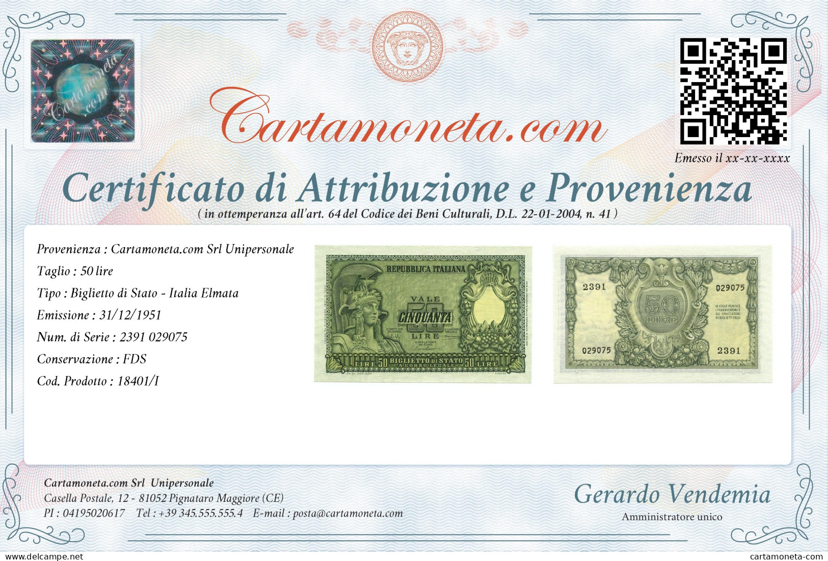 50 LIRE BIGLIETTO DI STATO ITALIA ELMATA BOLAFFI 31/12/1951 FDS - Andere & Zonder Classificatie