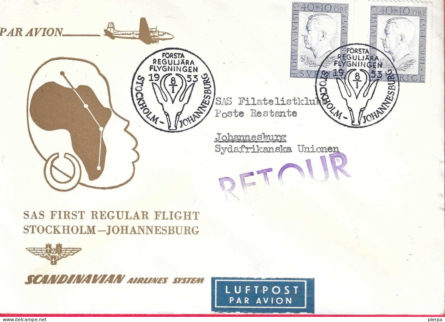 SVERIGE - FIRST REGULAR FLIGHT SAS FROM STOCKHOLM TO JOHANNESBURG *19.8.53° ON OFFICIAL COVER - Lettres & Documents