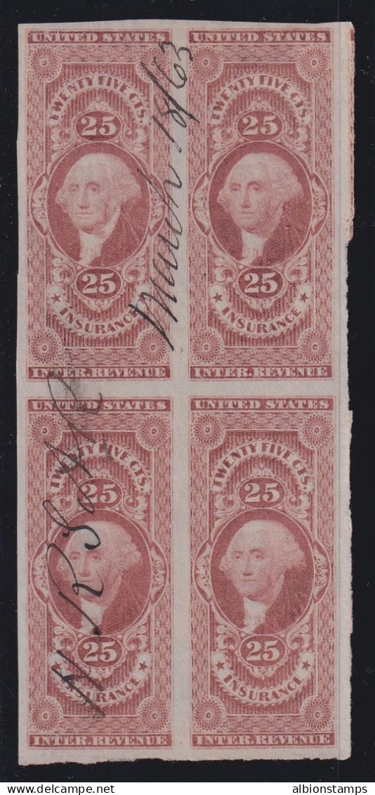 US, Scott R46a, 1863 Used Block Of Four (small Pinhole From Ink) - Revenues