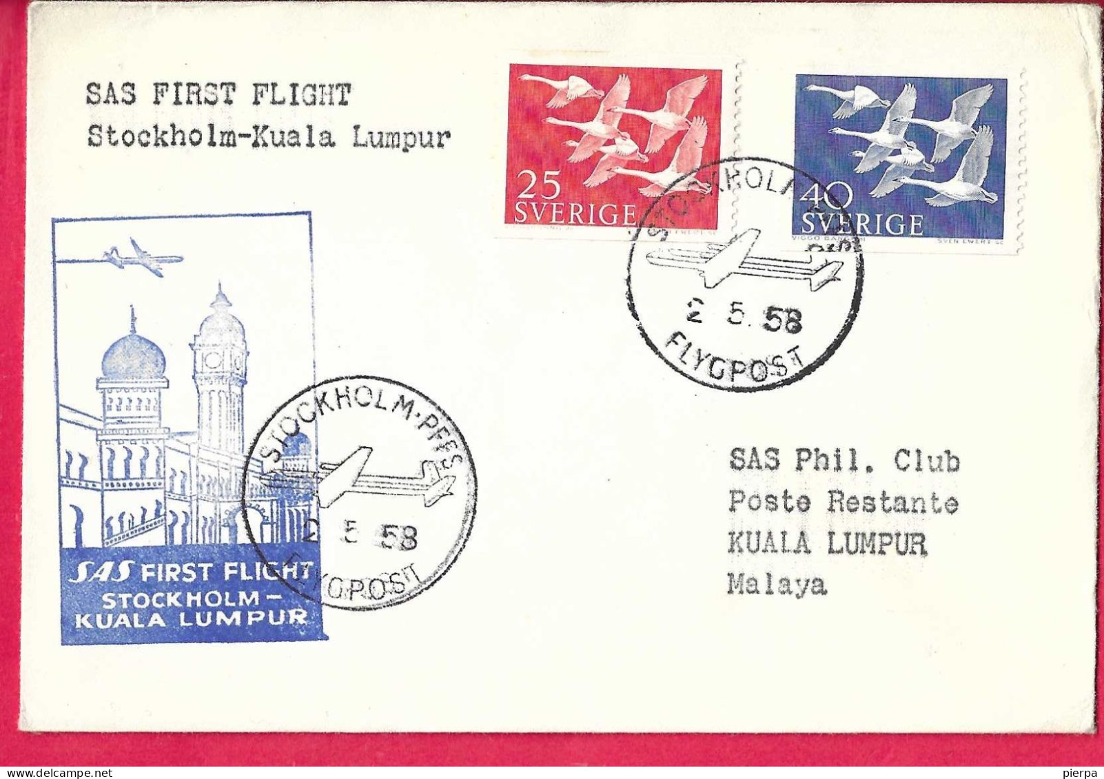 SVERIGE - FIRST FLIGHT S.A.S. FROM STOCKHOLM TO KUALA LUMPUR* 2.5.58* ON OFFICIAL COVER - Lettres & Documents