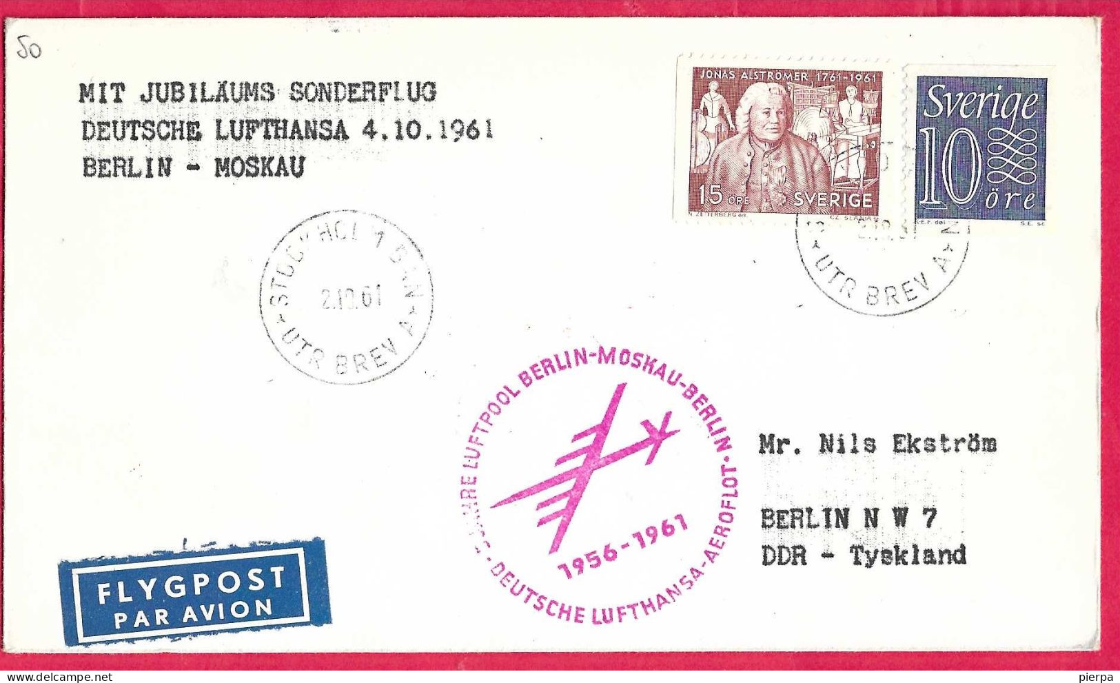 SVERIGE - FIRST FLIGHT LUFTHANSA FROM BERLIN DDR TO MOSKOW*2.10.61* - ON ENVELOPE FROM STOCKHOLM - Lettres & Documents