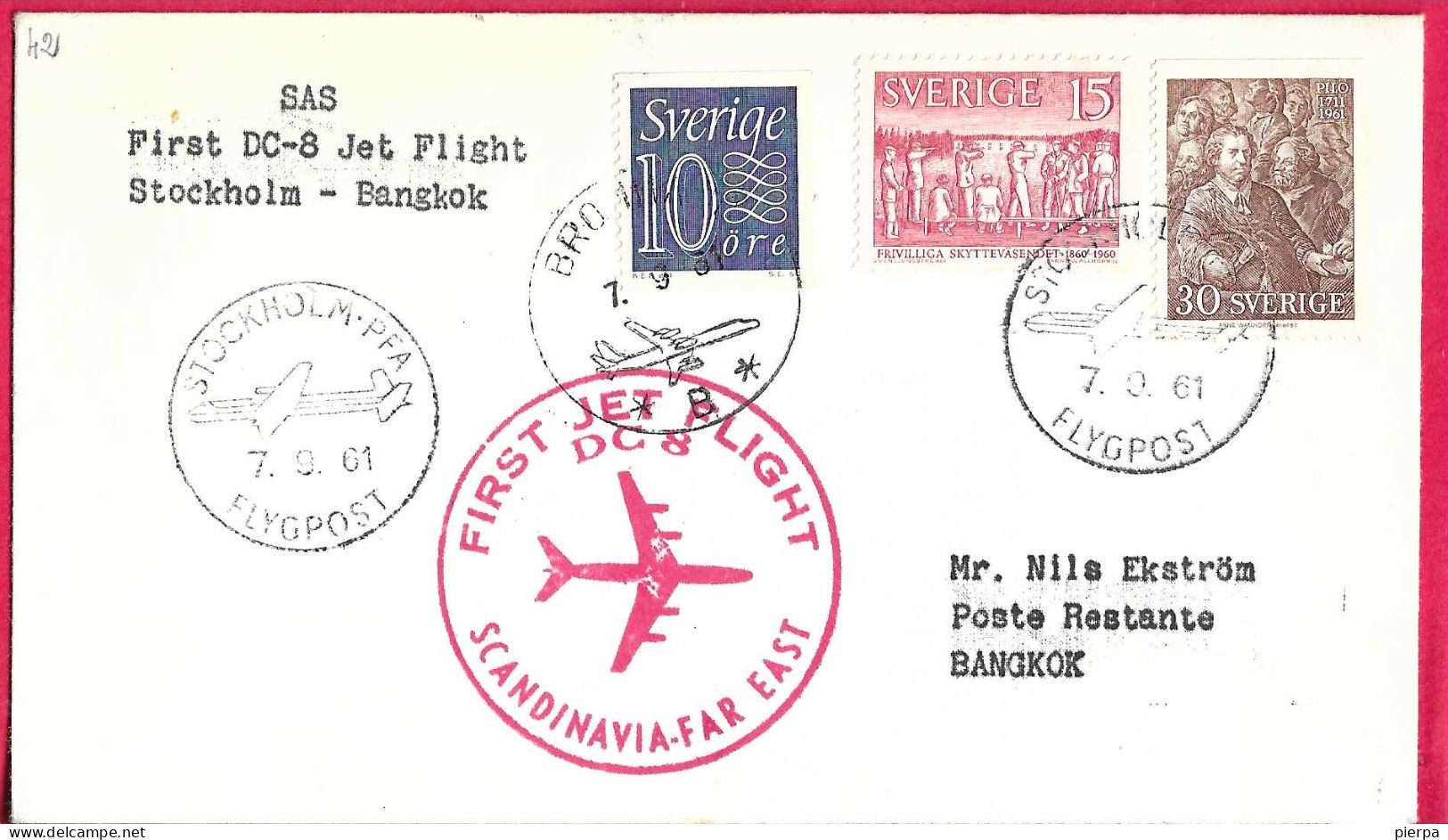 SVERIGE - FIRST FLIGHT S.A.S. WITH DC-8 FROM STOCKHOLM TO BANGKOK * 7.9.61* ON OFFICIAL ENVELOPE - Brieven En Documenten