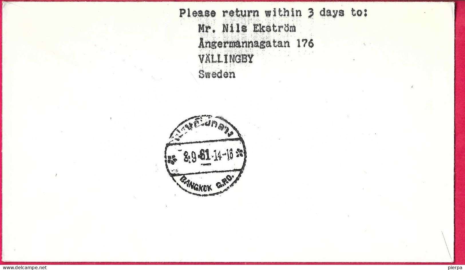 SVERIGE - FIRST FLIGHT S.A.S. WITH DC-8 FROM STOCKHOLM TO BANGKOK * 7.9.61* ON OFFICIAL ENVELOPE - Brieven En Documenten