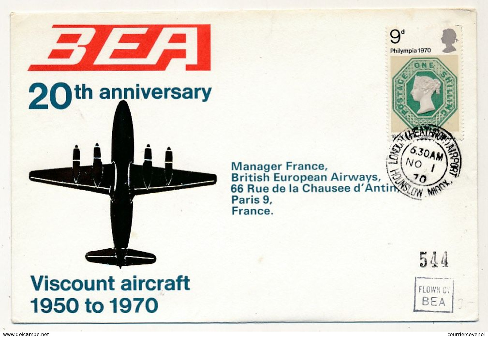 GRANDE BRETAGNE - Env. BEA - 20eme Anniversaire Viscount Aircraft 1er Nov 1970 - Lettres & Documents