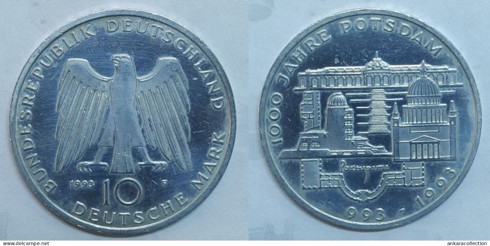 AC -  1993 F GERMANY SILVER 10 DEUTSCHE MARK 1000th ANNIVERSARY - CITY OF POSTDAM PALACE OF SANSSOUCI & NICOLAI CHURCH - Commemorative