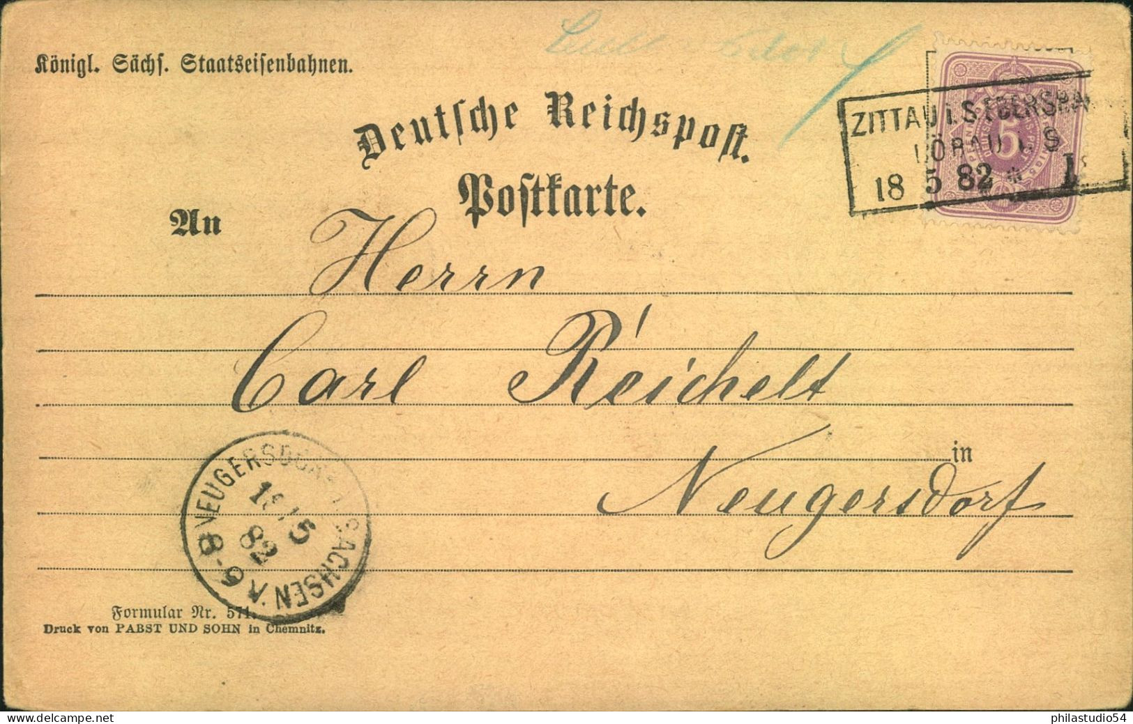1882, Bahnpost Ra3 "ZITTAU-STADT - LÖBAU" Auf Vordruckkarte "Königl. Sächs. Staats Eisenbahnen" - Briefe U. Dokumente