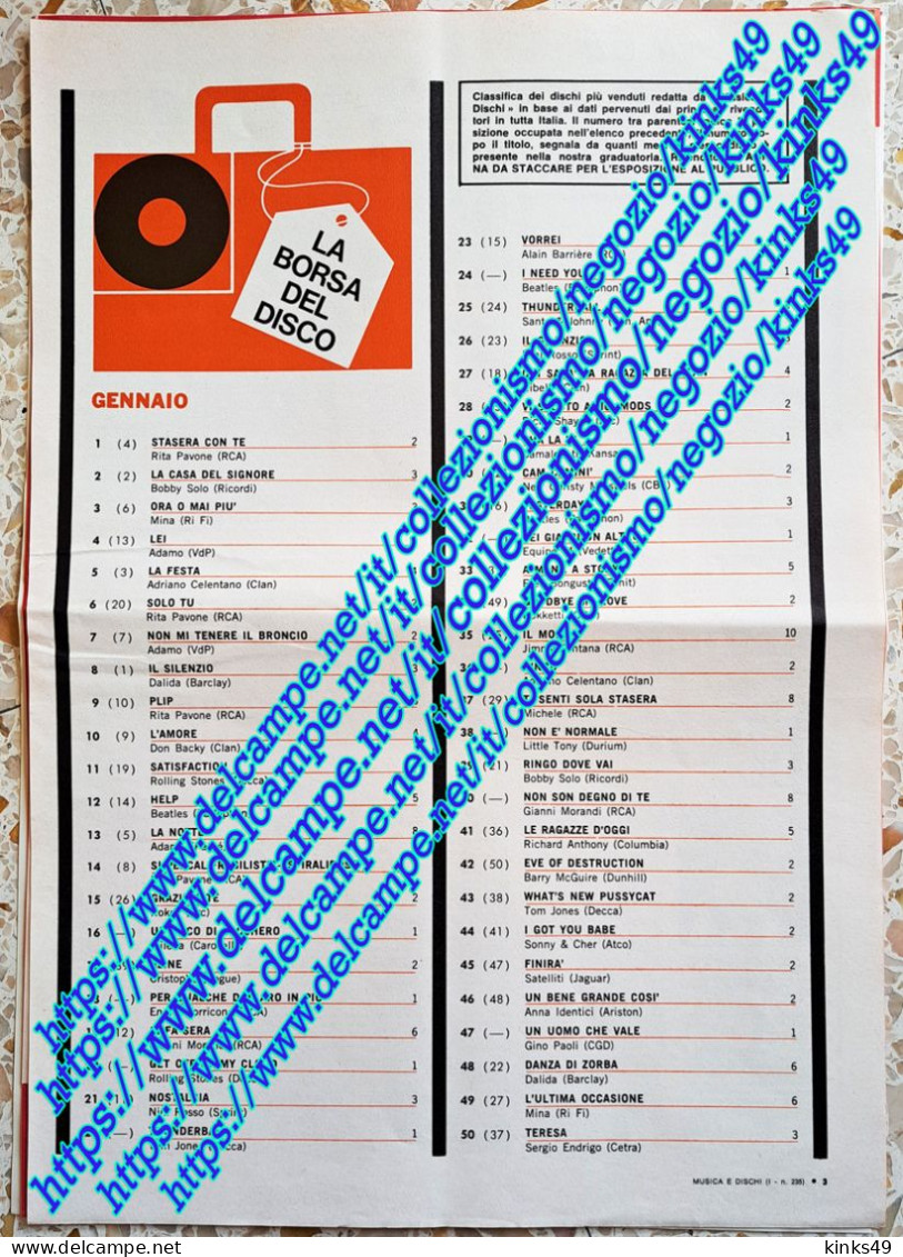 B243> < HIT PARADE GENNAIO 1966 > Classifica 45 GIRI / Pagina Da MUSICA E DISCHI = GENNAIO 1966 - Objets Dérivés