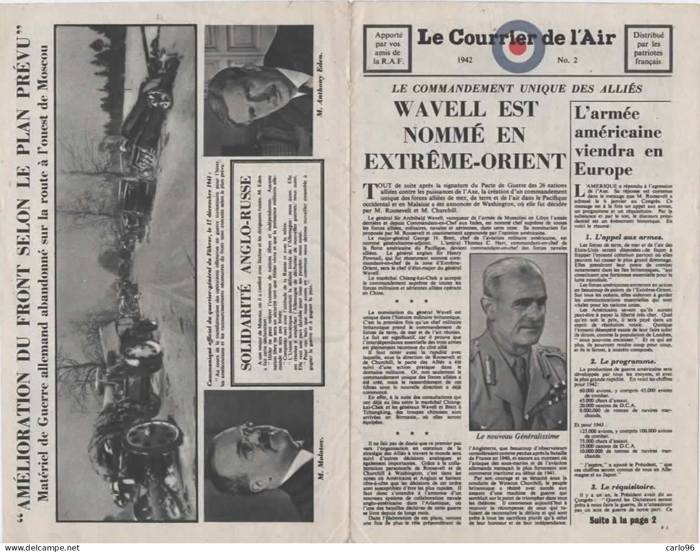 1942 RAF AERIAL PROPAGANDA LEAFLET DROPPED ON FRANCE ORIGINAL  RRR - Aviazione