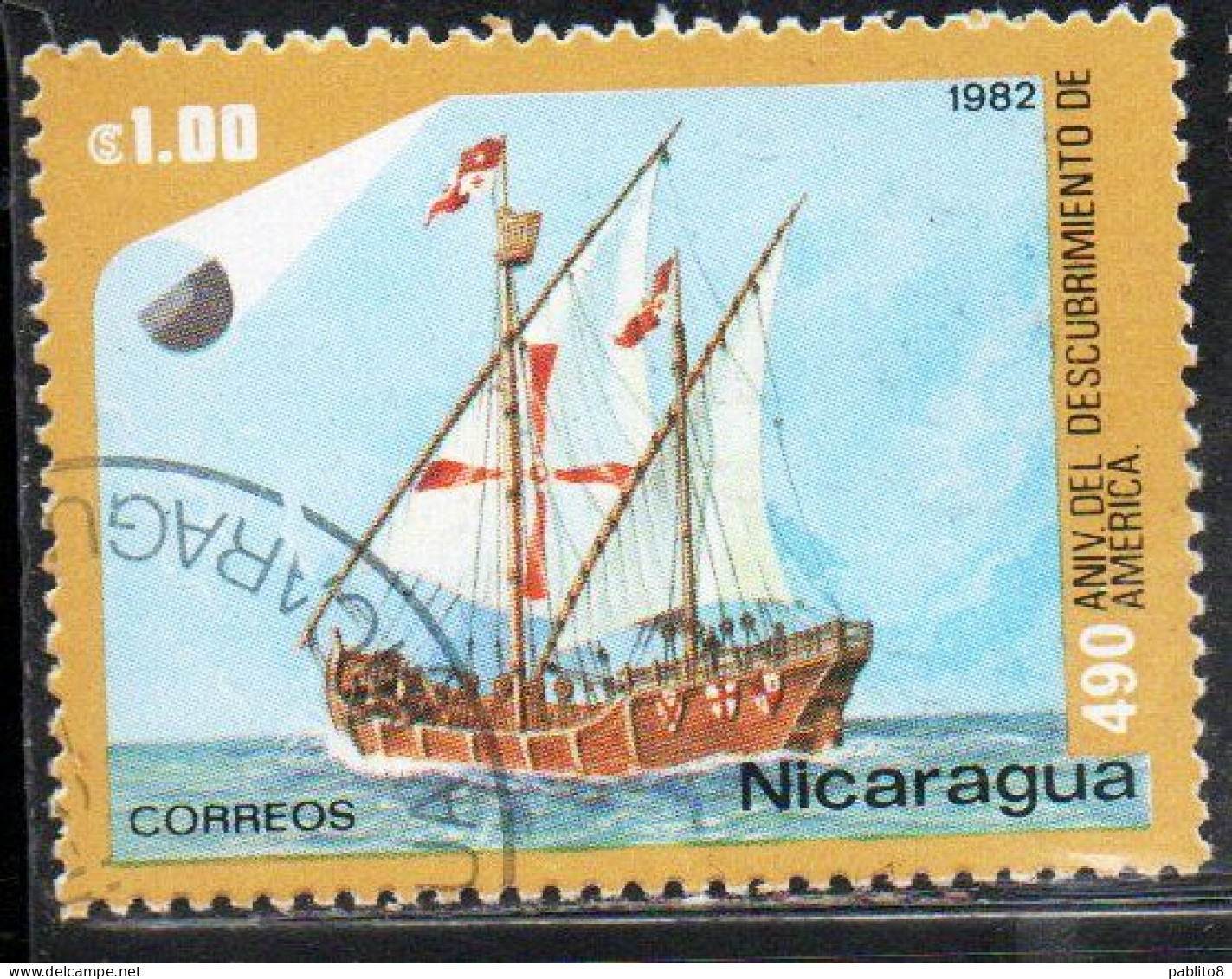 NICARAGUA 1982  DISCOVERY OF AMERICA COLUMBUS NINA 1.00cor USED USATO OBLITERE' - Nicaragua