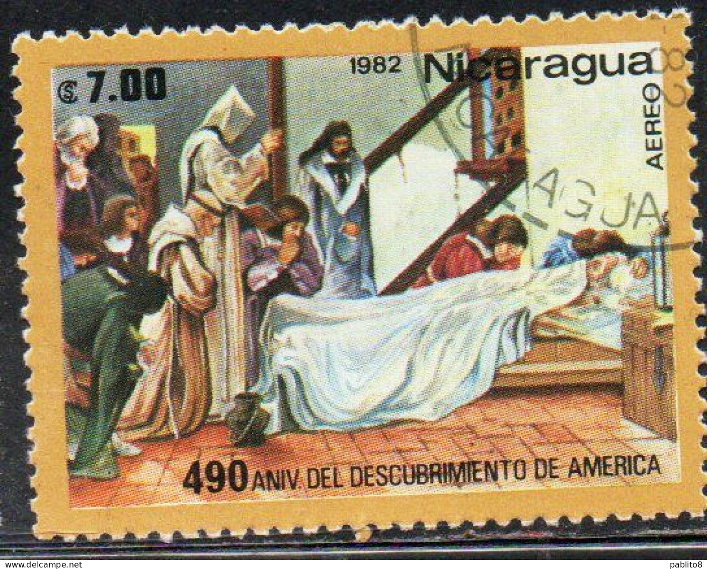 NICARAGUA 1982 AIR POST MAIL AIRMAIL DISCOVERY OF AMERICA DEATH OF COLUMBUS 7.00cor USED USATO OBLITERE' - Nicaragua