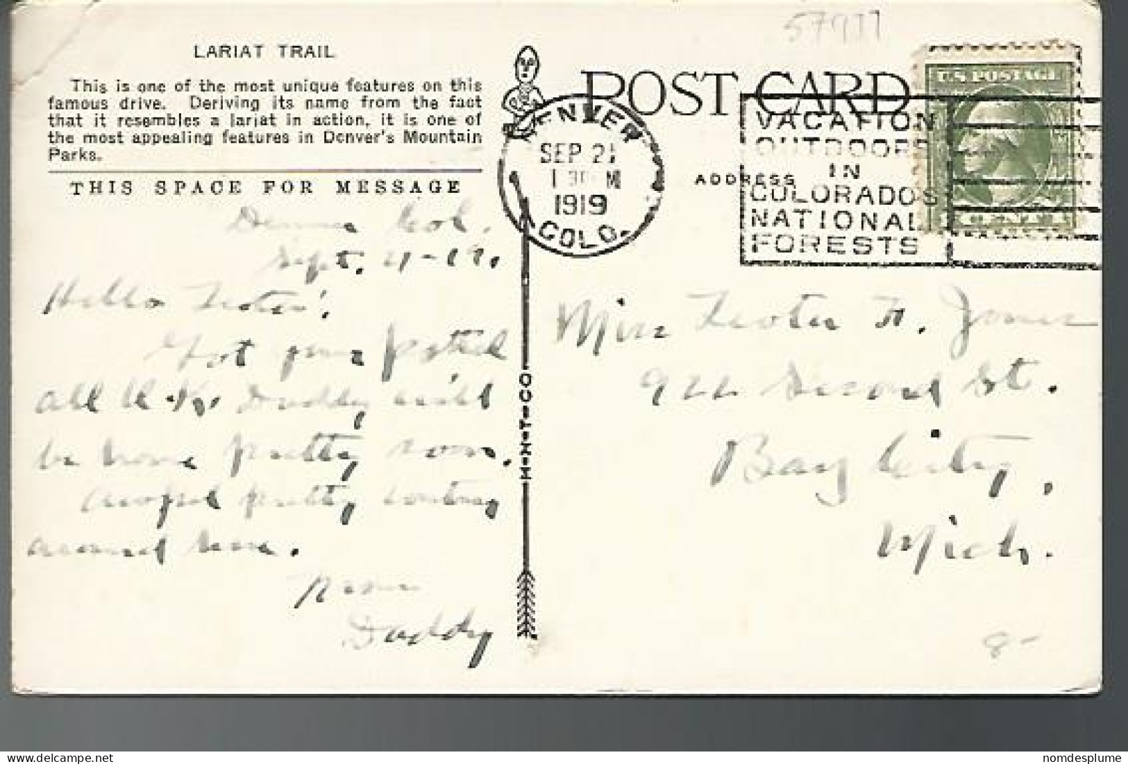 57977) US Denver Mountain Park Lariat Trail 1919 Denver Postmark Cancel Slogan - Denver