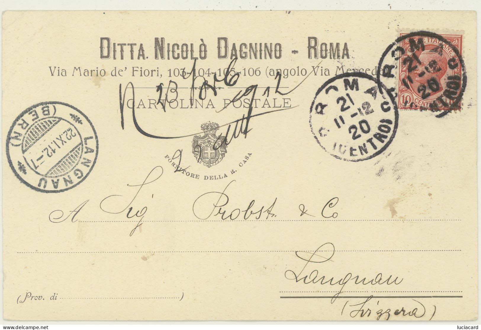 ROMA -COMMERCIALE -DITTA NICOLò DAGNINO-VG.1912 PER EMMENTHAL SVIZZERA - Cafes, Hotels & Restaurants