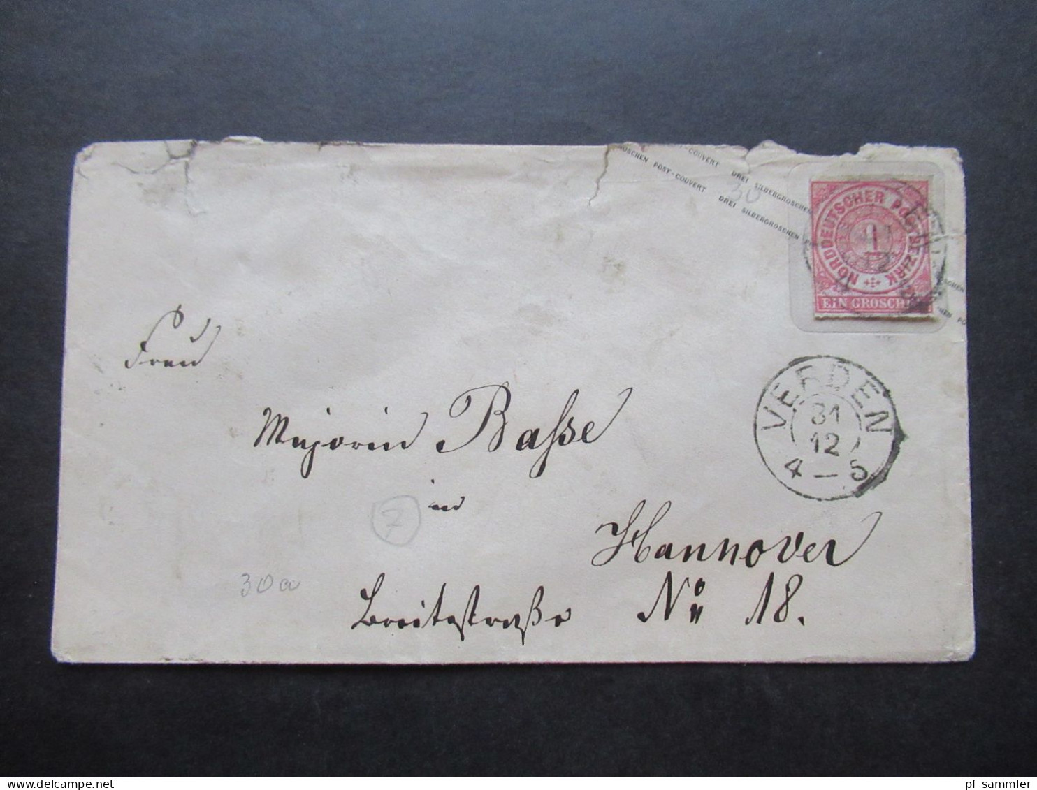 AD NDP 1867 GA Umschlag 1 Groschen Auf Umschlag Von Preußen U 30 A Stempel K2 Verden Und Ank. K2 Hannover - Interi Postali