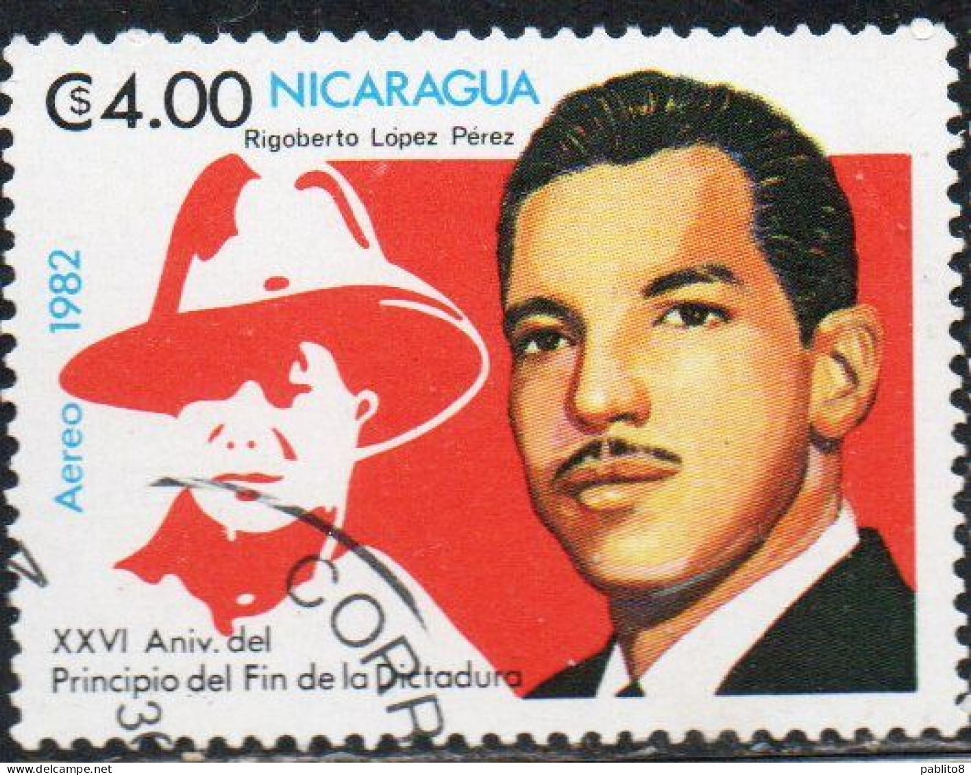 NICARAGUA 1982 DICTATORSHIP RIGOBERTO LOPEZ PEREZ 4.00cor USED USATO OBLITERE' - Nicaragua