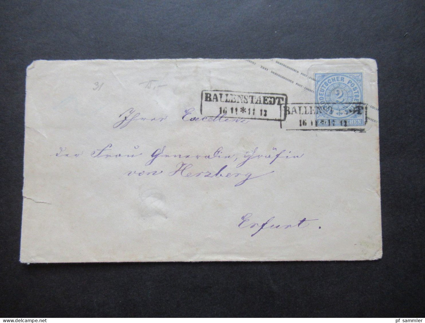 AD NDP 1863 GA Umschlag 2 Groschen Auf Umschlag Von Preußen U 31 A  Stempel Ra2 Ballenstedt An Die Gräfin Von Herzberg - Postal  Stationery