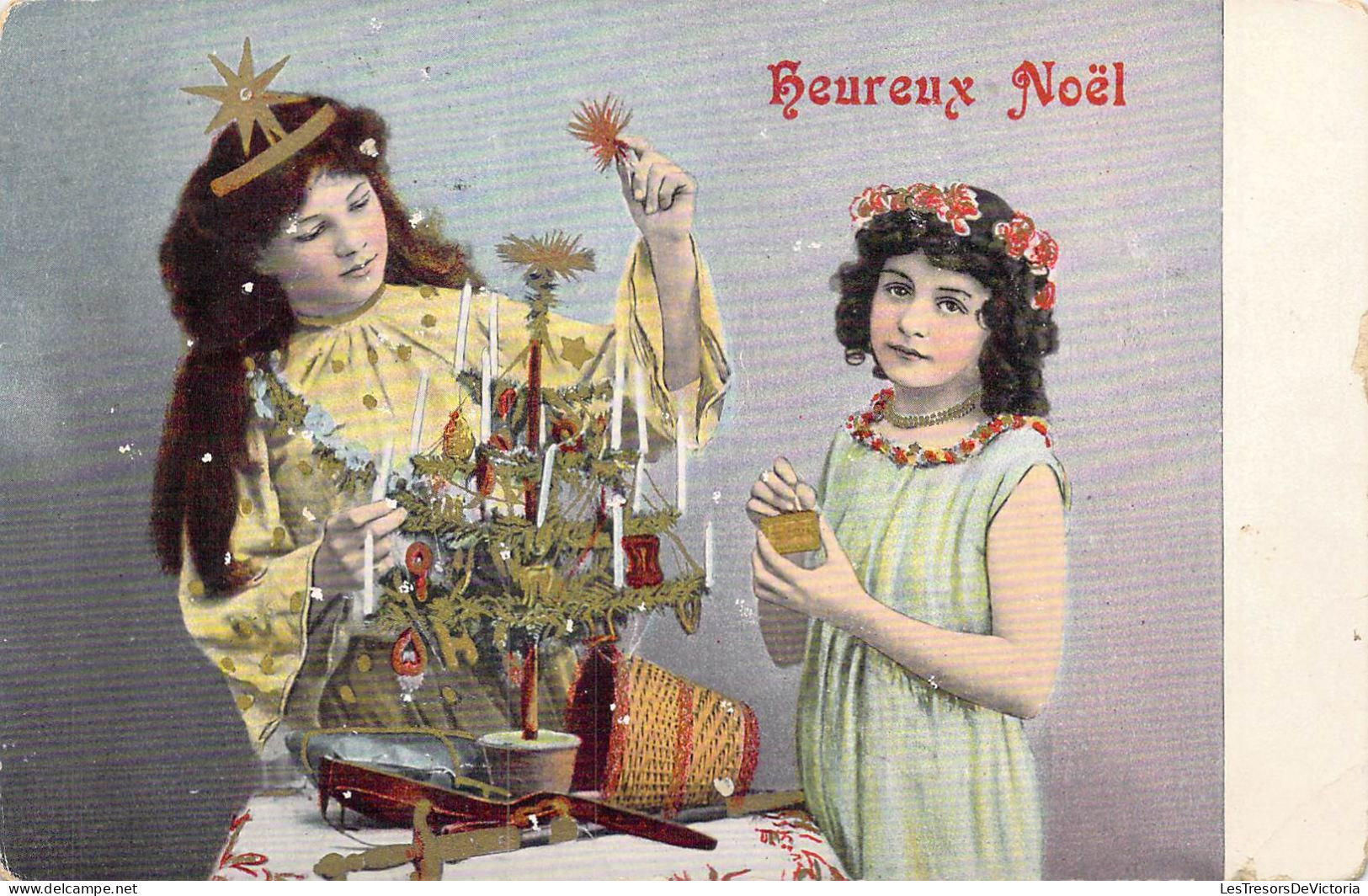 FETES - Heureux Noel - Filles - Arbre - Etoile - Fleurs - Carte Postale Ancienne - Autres & Non Classés