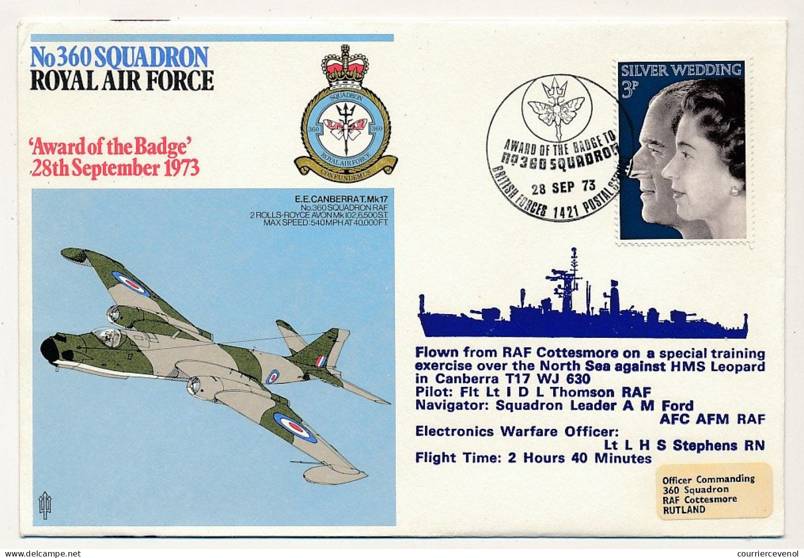 GRANDE BRETAGNE - Env. 360e Squadron RAF "Award Of The Badge" - British Forces Postal Service - 28 Sept 1973 - Covers & Documents