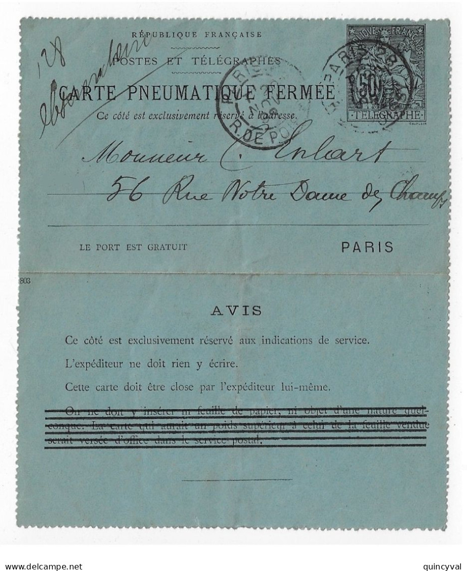 PARIS 28 R De Poissy CARTE PNEUMATIQUE FERMEE Yv 2553 St E22 Ob 1898 Type 84 1° Pneu De La Journée! - Neumáticos