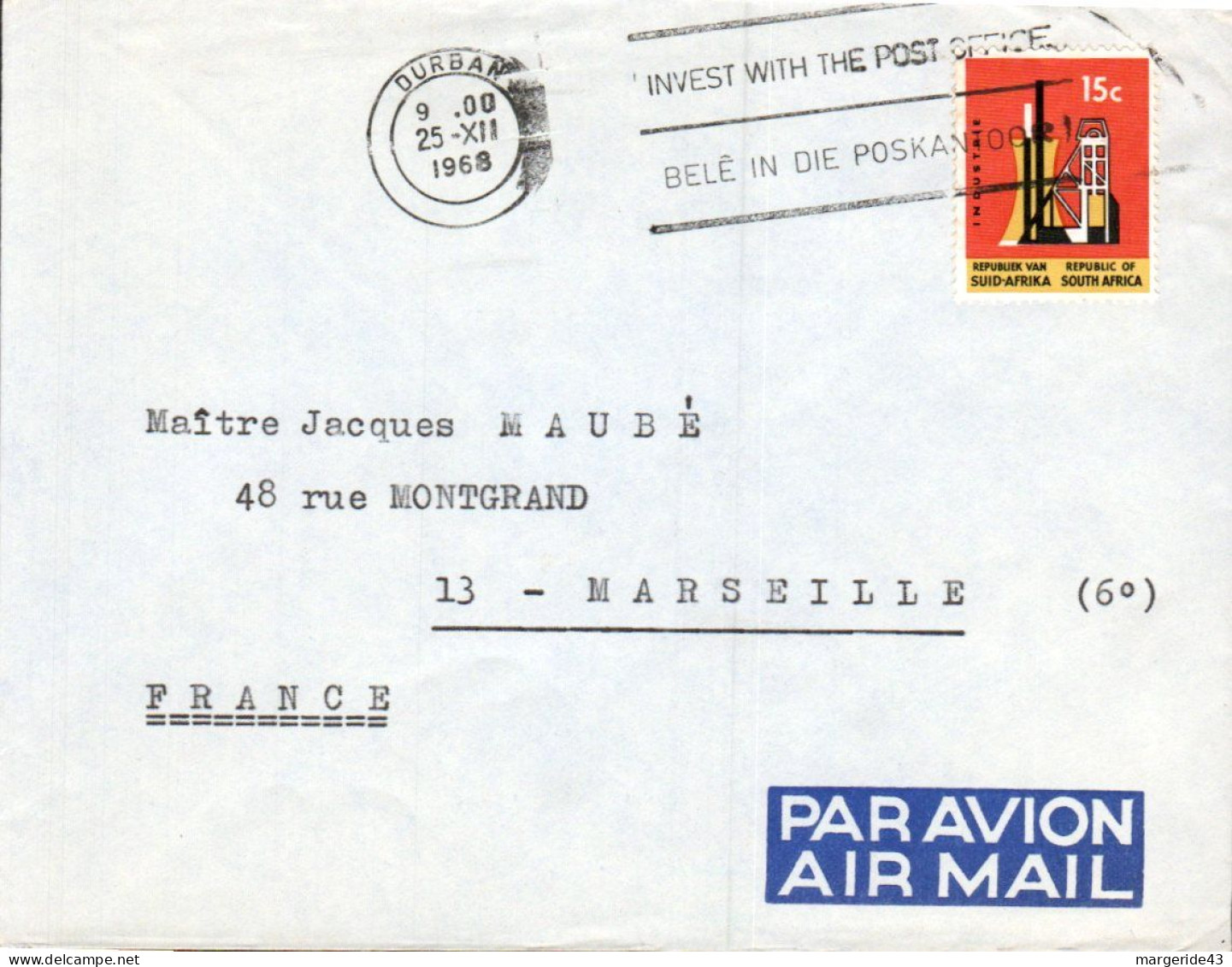 AFRIQUE DU SUD SEUL SUR LETTRE POUR LA FRANCE 1968 - Briefe U. Dokumente