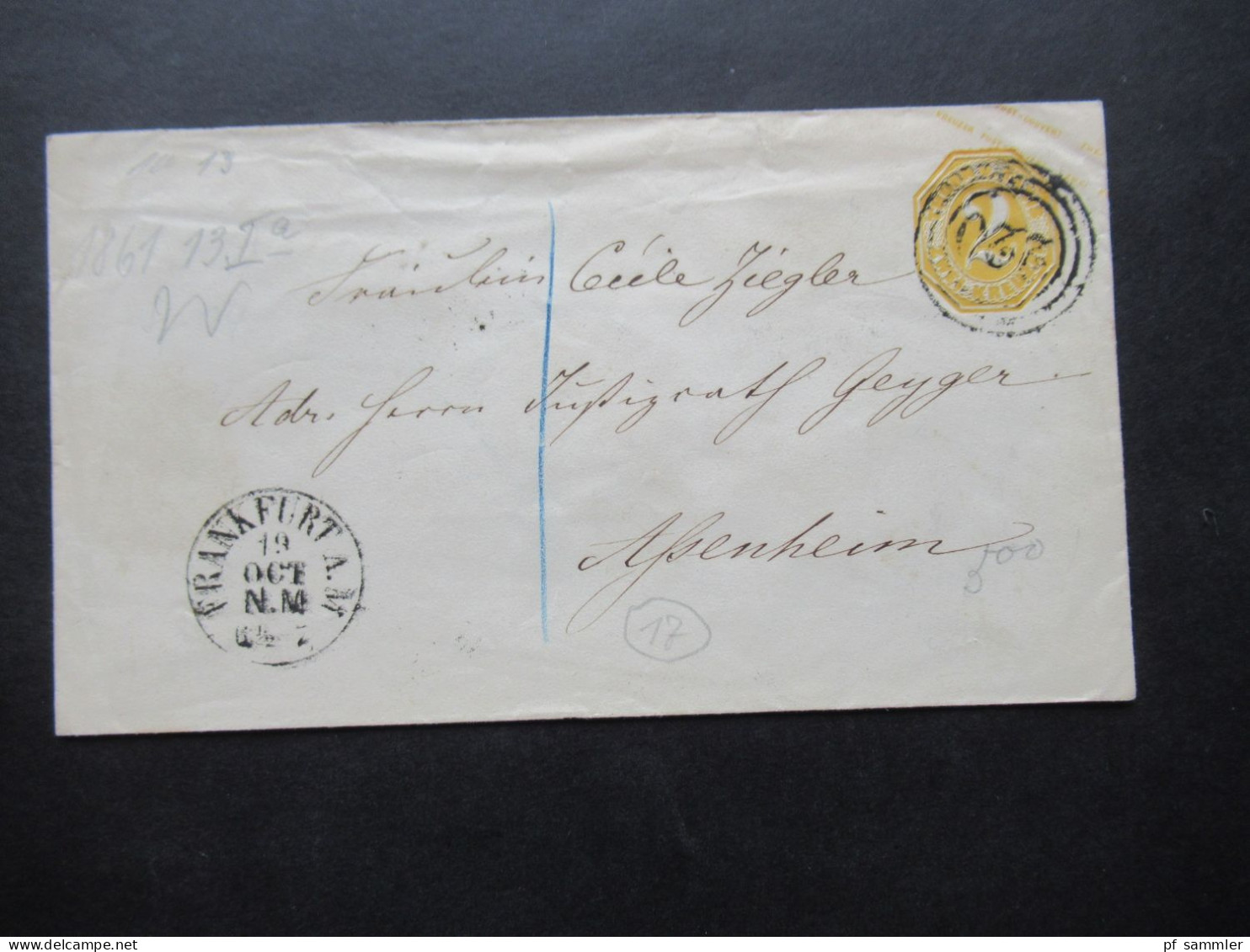 AD Thurn Und Taxis 1862 GA Umschlag U 13 I A Mit NS 220 Rückseitig 2 Stempel K1 Assenheim Und K1 Niederwöllstadt - Cartas & Documentos