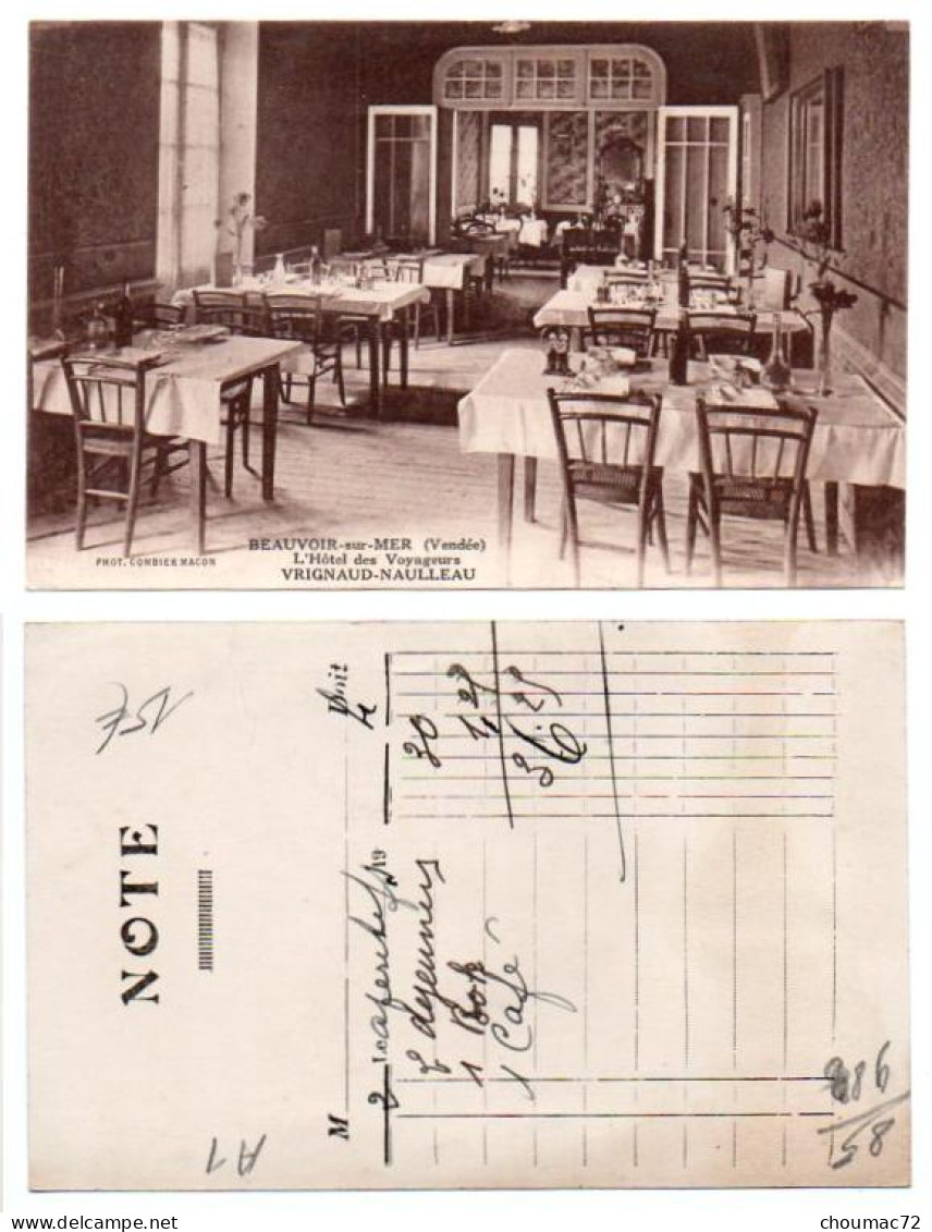 (85) 988, Beauvoir Sur Mer, Combier, L'Hotel Des Voyageurs, Vrignaud-Nalleau, Note Facture - Beauvoir Sur Mer