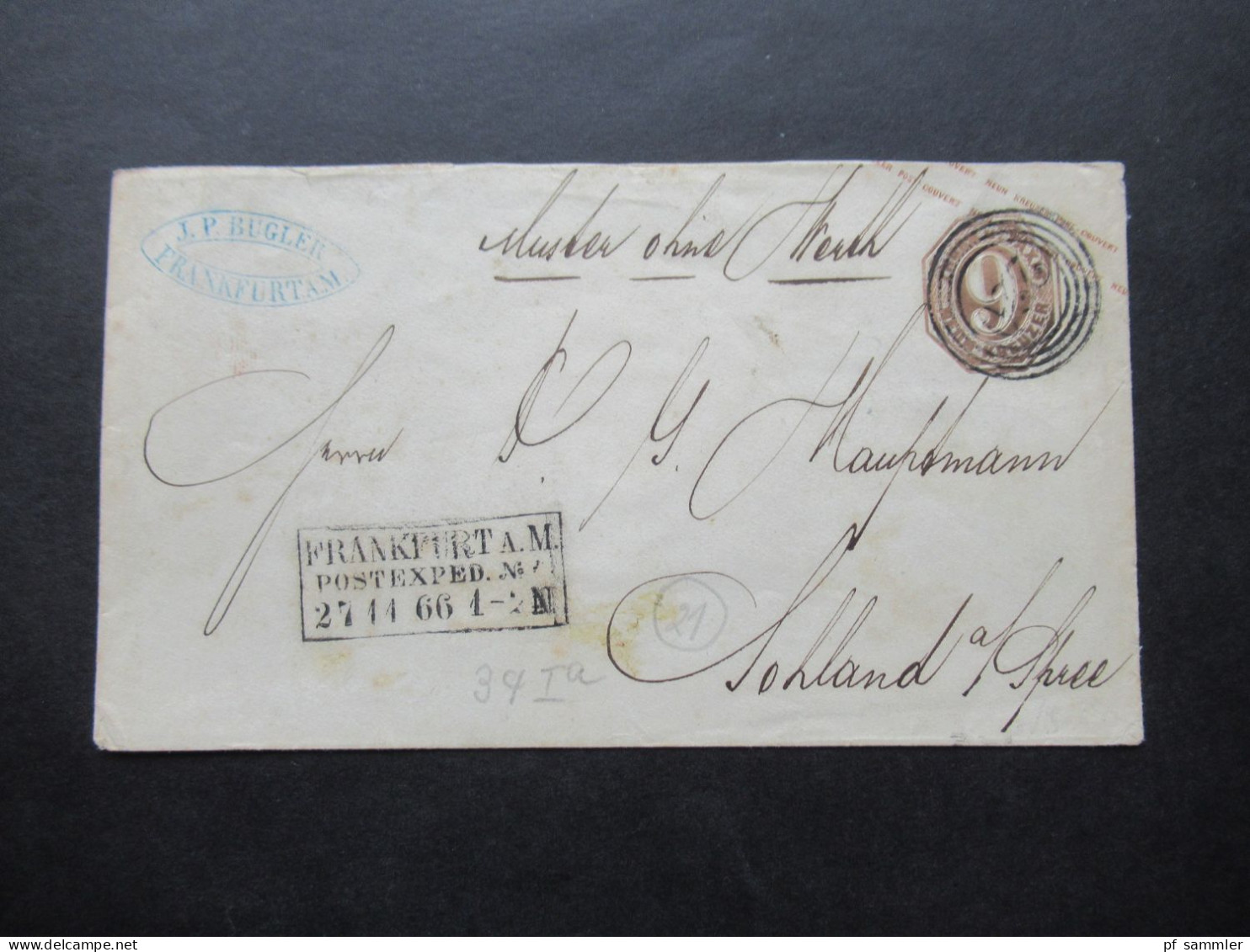 AD Thurn Und Taxis 1866 GA Umschlag U 34 A Mit NS 220 Und Ra3 Frankfurt A.M. Postexped. / Muster Ohne Werth - Covers & Documents