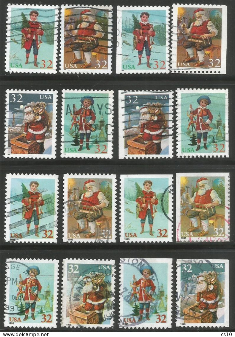 USA 1995 Xmas Christmas SC.#3004/7 + 3008/11 : From Sheet W/A, Bklt W/A, BKLT S/A 4 Sides, 2/3 Sides - 16v Set Used - Años Completos